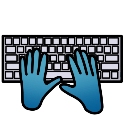 two blue hands typing on a keyboard